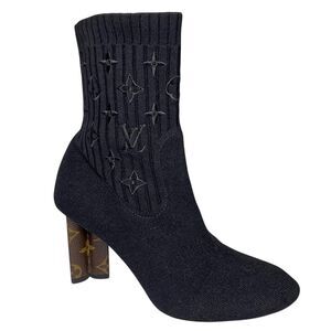 Louis Vuitton Silhouette Sock Ankle Boots Monogram Heel Logo Knit EU 37.5 US 7.5